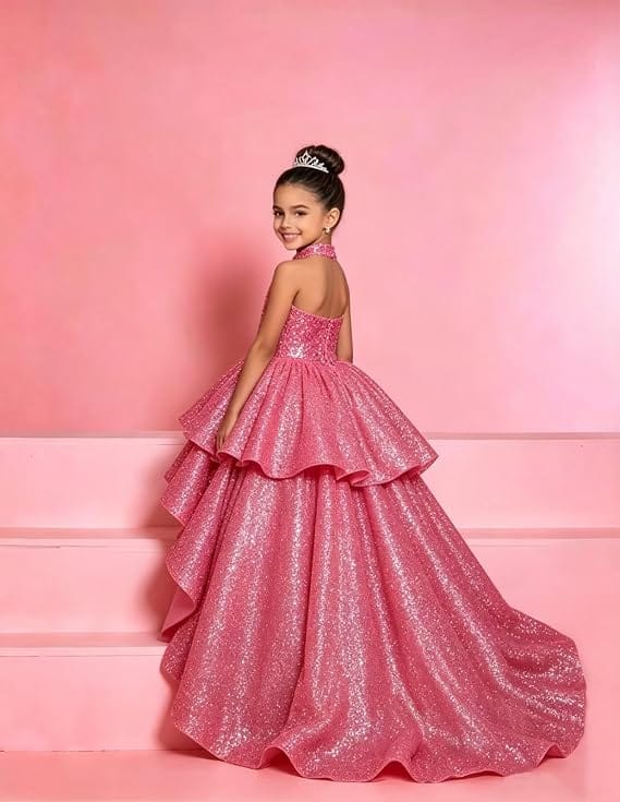Sunnypetal Sparkly Sequin Halter High Low Flower Girl Dress Pageant Gown