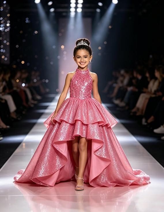 Sunnypetal Sparkly Sequin Halter High Low Flower Girl Dress Pageant Gown