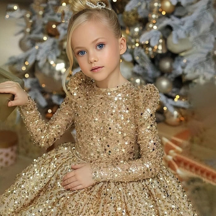 Sunnypetal Sparkly Sequin Knee-Length Flower Girl Dress with Long Sleeves & Bow