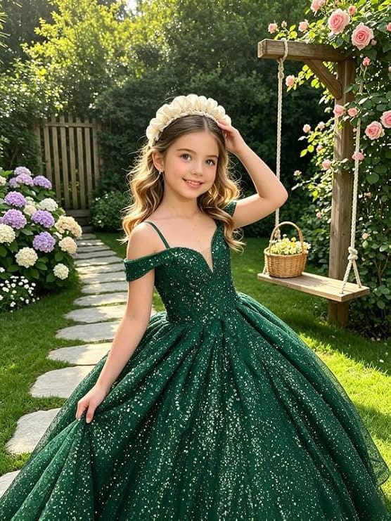 Sunnypetal Sparkly Sequin Off-Shoulder Princess Ball Gown Flower Girl Dress for Pageant