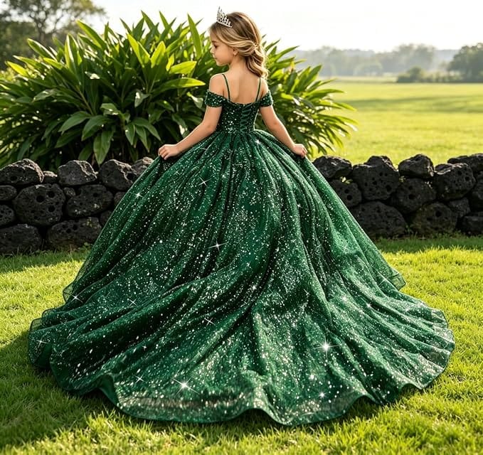 Sunnypetal Sparkly Sequin Off-Shoulder Princess Ball Gown Flower Girl Dress for Pageant