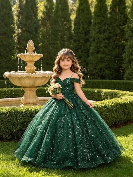 Sunnypetal Sparkly Sequin Off-Shoulder Princess Ball Gown Flower Girl Dress for Pageant