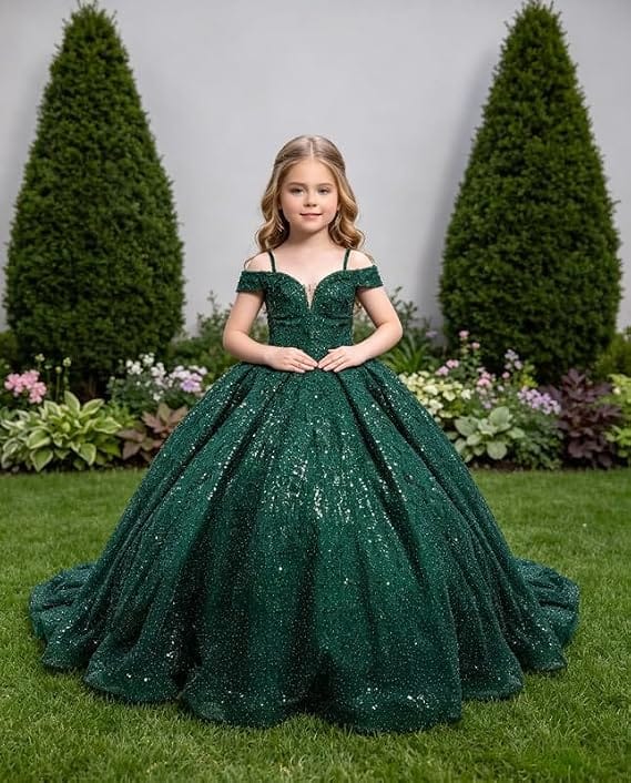 Sunnypetal Sparkly Sequin Off-Shoulder Princess Ball Gown Flower Girl Dress for Pageant