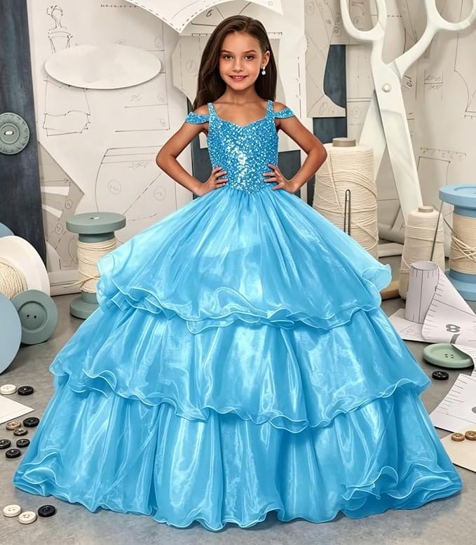 Sunnypetal Sparkly Sequin Organza Off Shoulder Ball Gown Flower Girl Dress for Pageant