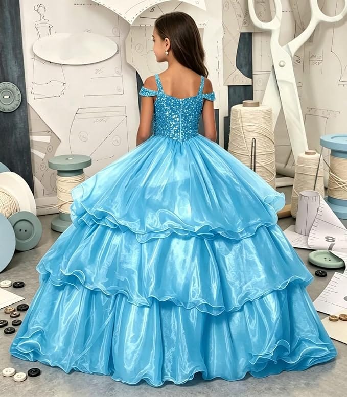 Sunnypetal Sparkly Sequin Organza Off Shoulder Ball Gown Flower Girl Dress for Pageant
