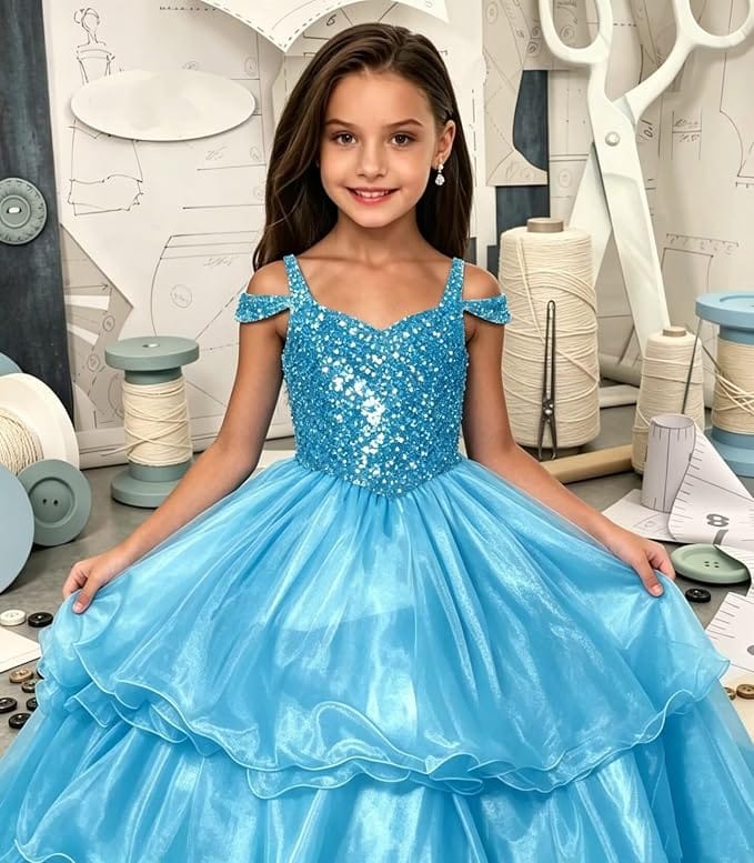Sunnypetal Sparkly Sequin Organza Off Shoulder Ball Gown Flower Girl Dress for Pageant