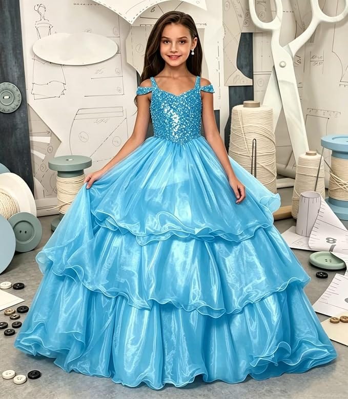 Sunnypetal Sparkly Sequin Organza Off Shoulder Ball Gown Flower Girl Dress for Pageant