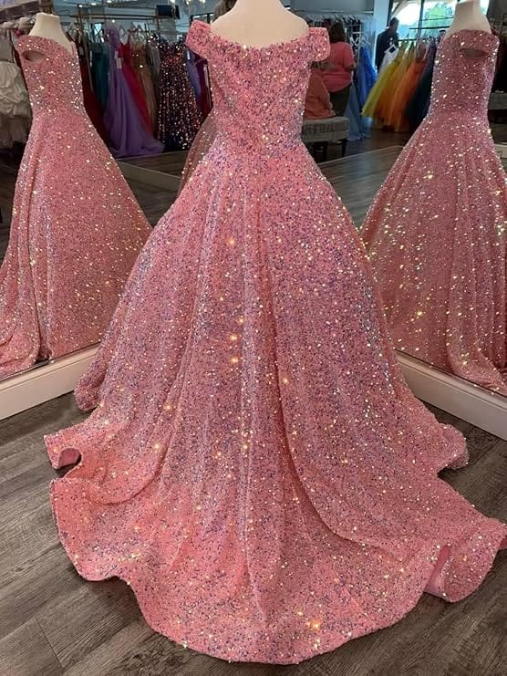 Sunnypetal Sparkly Sequin Pageant Dresses Off Shoulder Flower Girl Dress Kids Wedding Ball Gown
