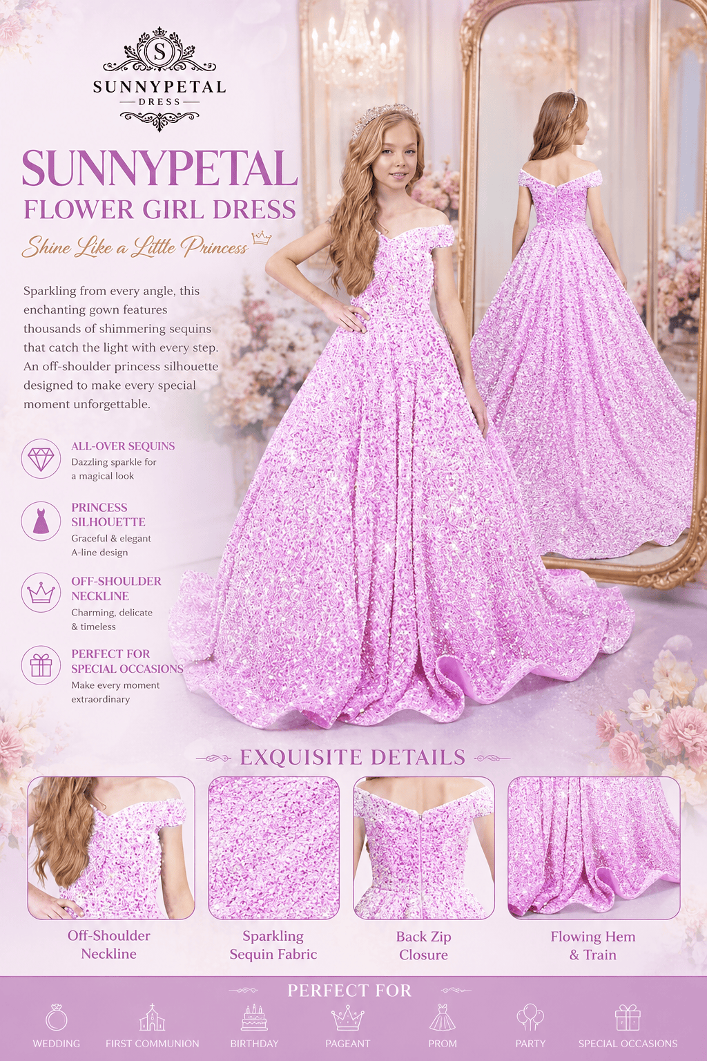 Sunnypetal Sparkly Sequin Pageant Dresses Off Shoulder Flower Girl Dress Kids Wedding Ball Gown
