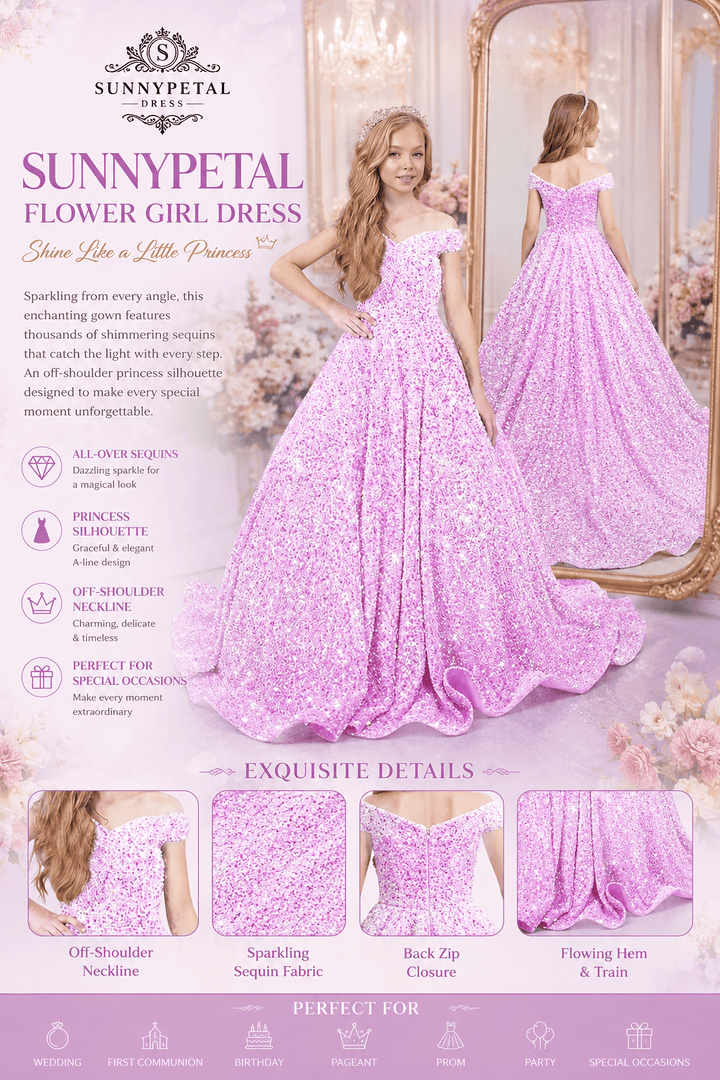 Sunnypetal Sparkly Sequin Pageant Dresses Off Shoulder Flower Girl Dress Kids Wedding Ball Gown