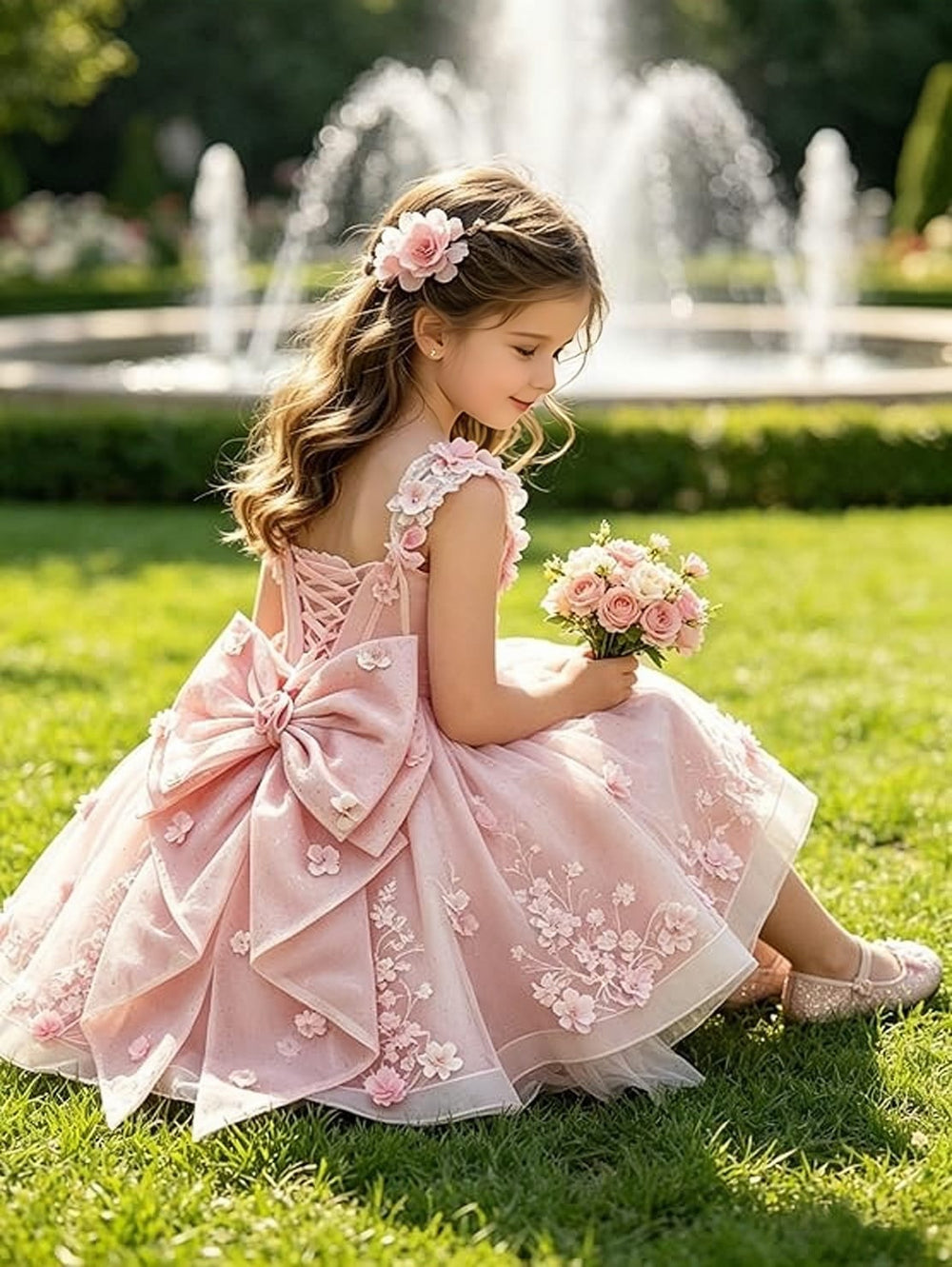 Sunnypetal Sweetheart 3D Floral Lace Appliqué Short Flower Girl Dress witn Bow