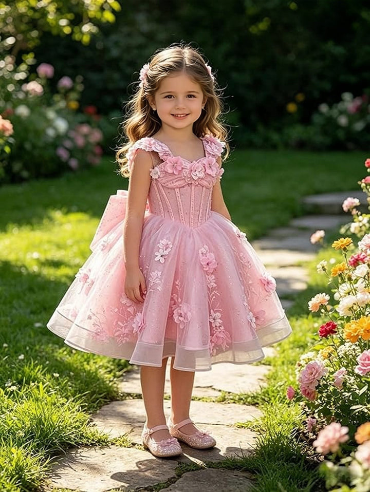 Sunnypetal Sweetheart 3D Floral Lace Appliqué Short Flower Girl Dress witn Bow
