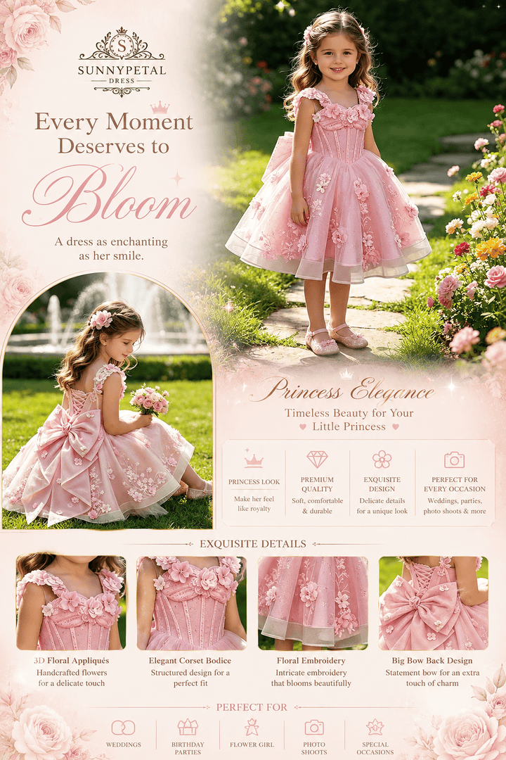Sunnypetal Sweetheart 3D Floral Lace Appliqué Short Flower Girl Dress witn Bow