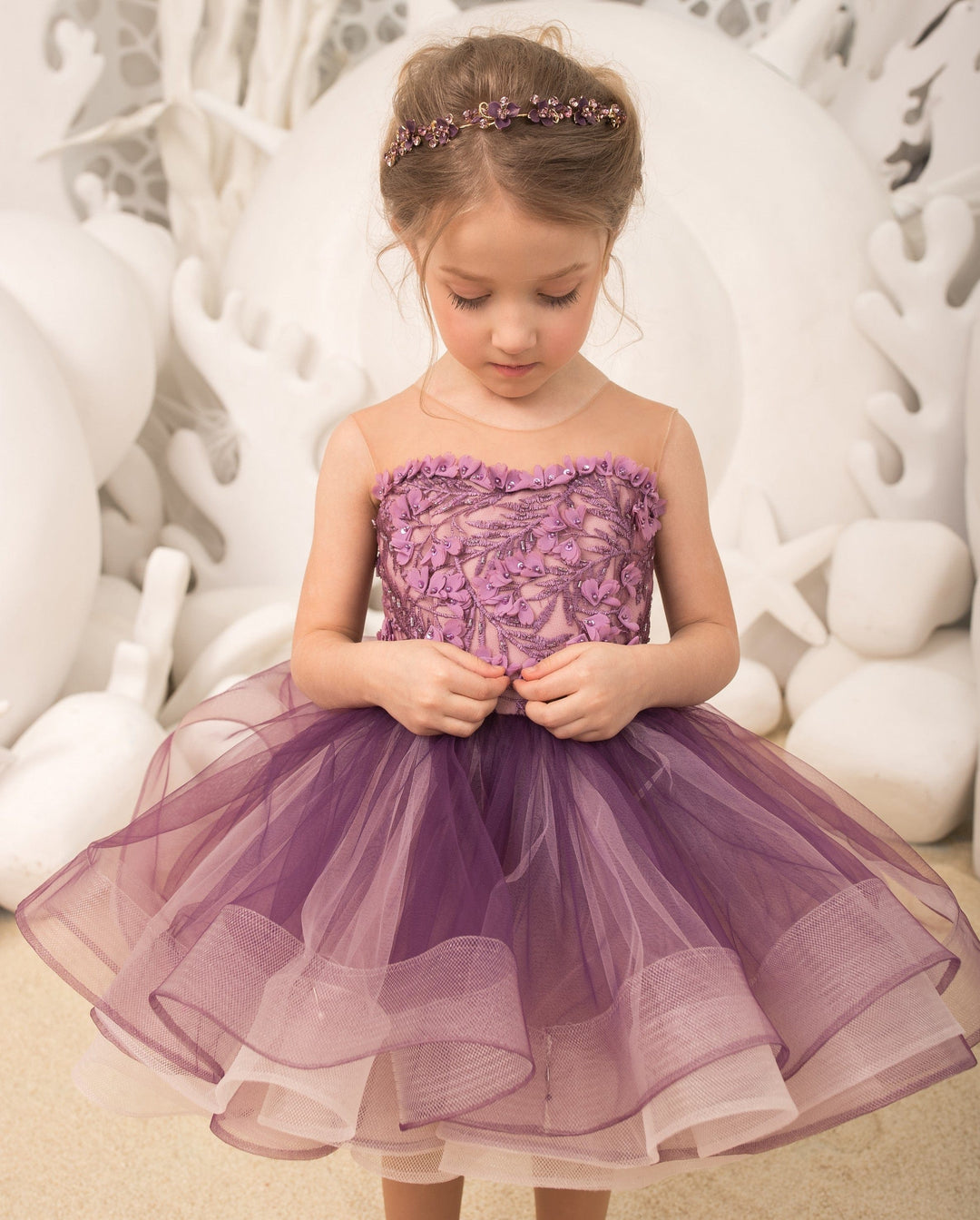 Sunnypetal Tulle Appliques Child Princess Flower Girl Dresses With Beading ﻿