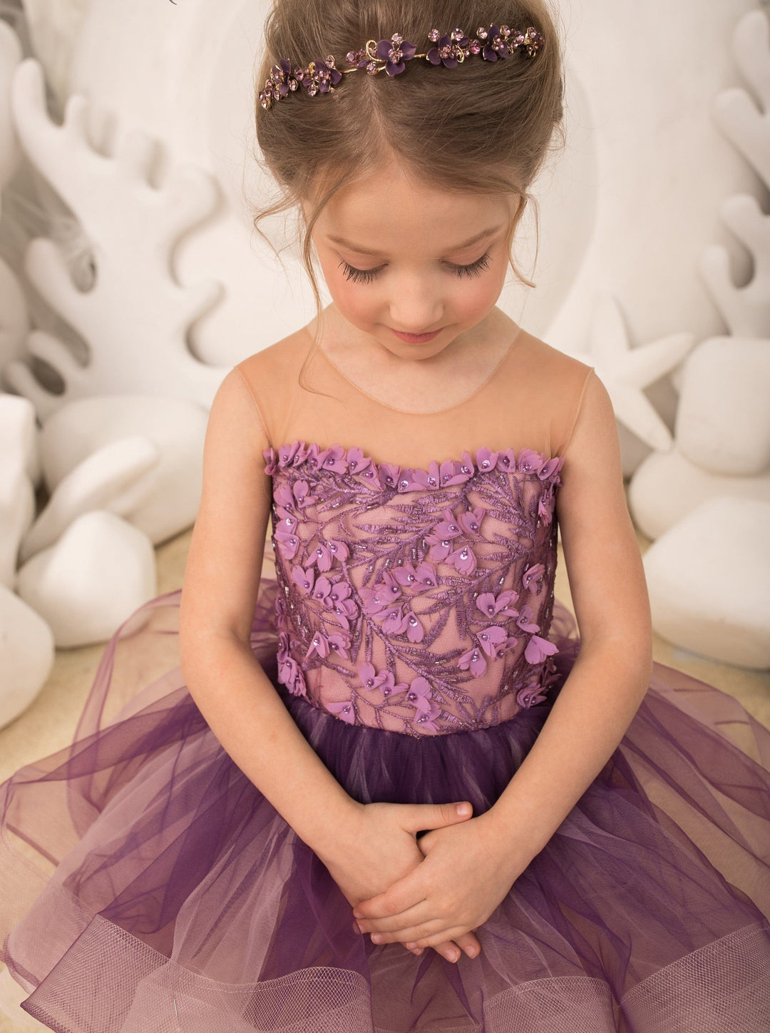 Sunnypetal Tulle Appliques Child Princess Flower Girl Dresses With Beading ﻿