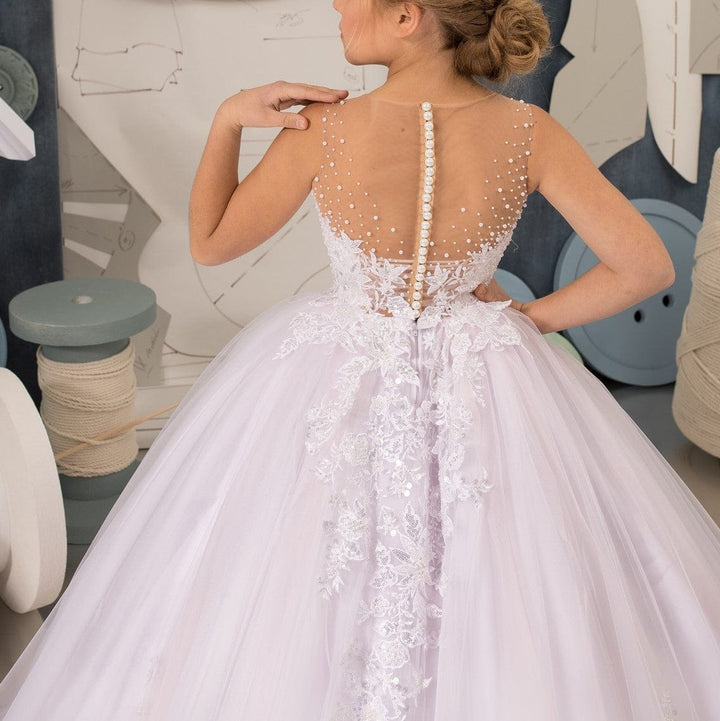 Sunnypetal Tulle Long Appliques Princess Flower Girl Dresses With Beading