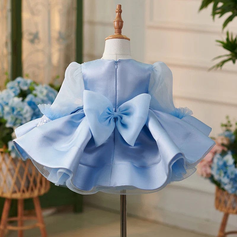 Sunnypetal Tulle Long Sleeves Sequins Knee-Length Satin Baby Toddler Girl Dresses with Bow