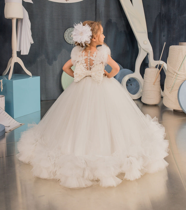 Sunnypetal Tulle Ruffles Lace Appliques Kids Flower Girl Dresses With Bow