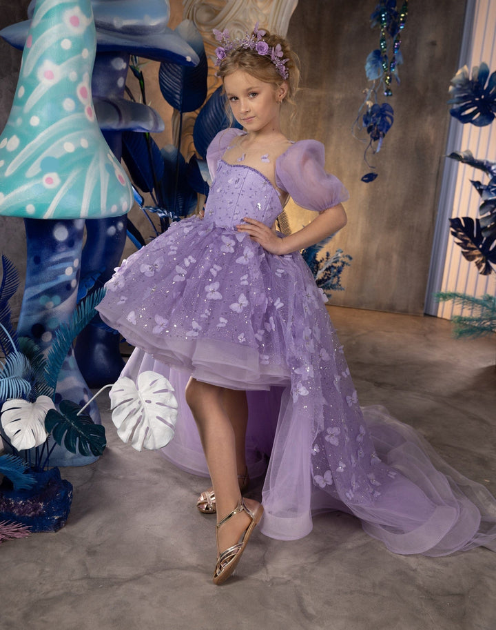 Sunnypetal V Back Tulle Appliques Butterfly Sequins Ruffles Flower Girl Dress