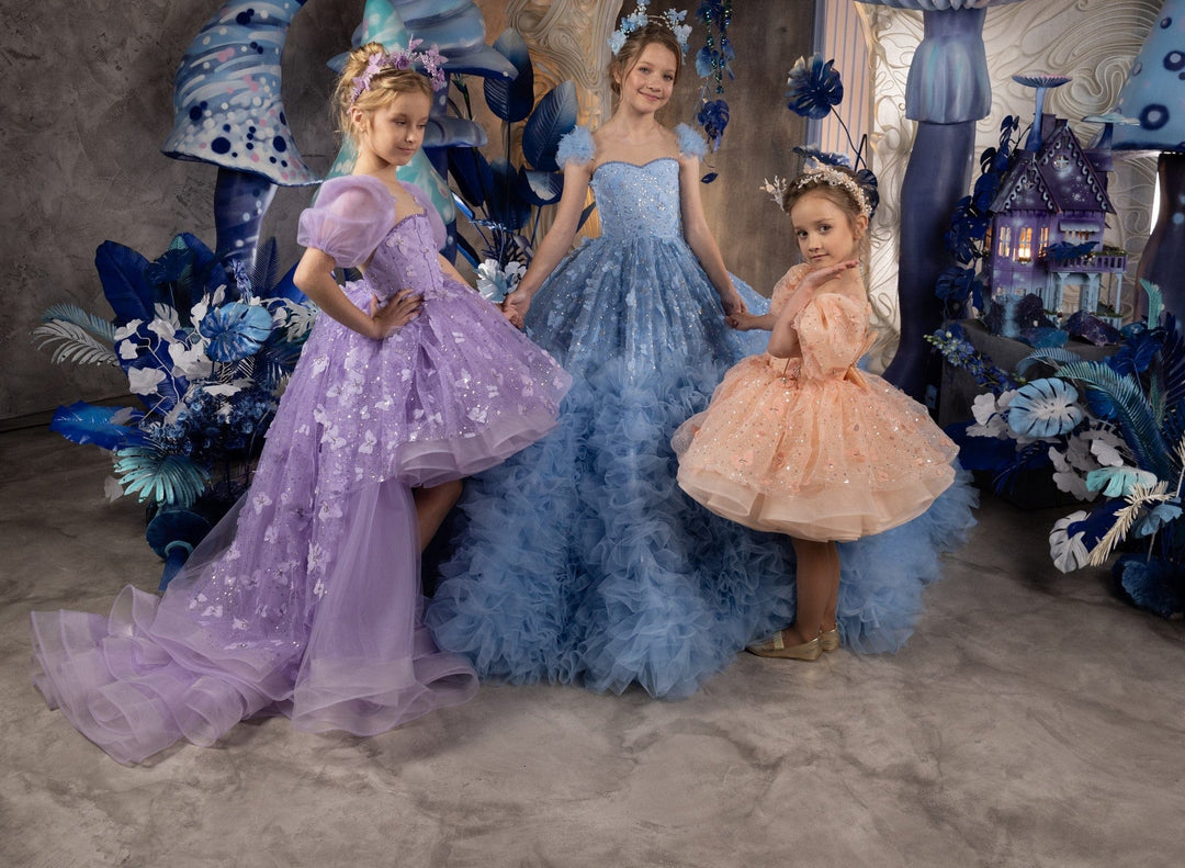 Sunnypetal V Back Tulle Appliques Butterfly Sequins Ruffles Flower Girl Dress