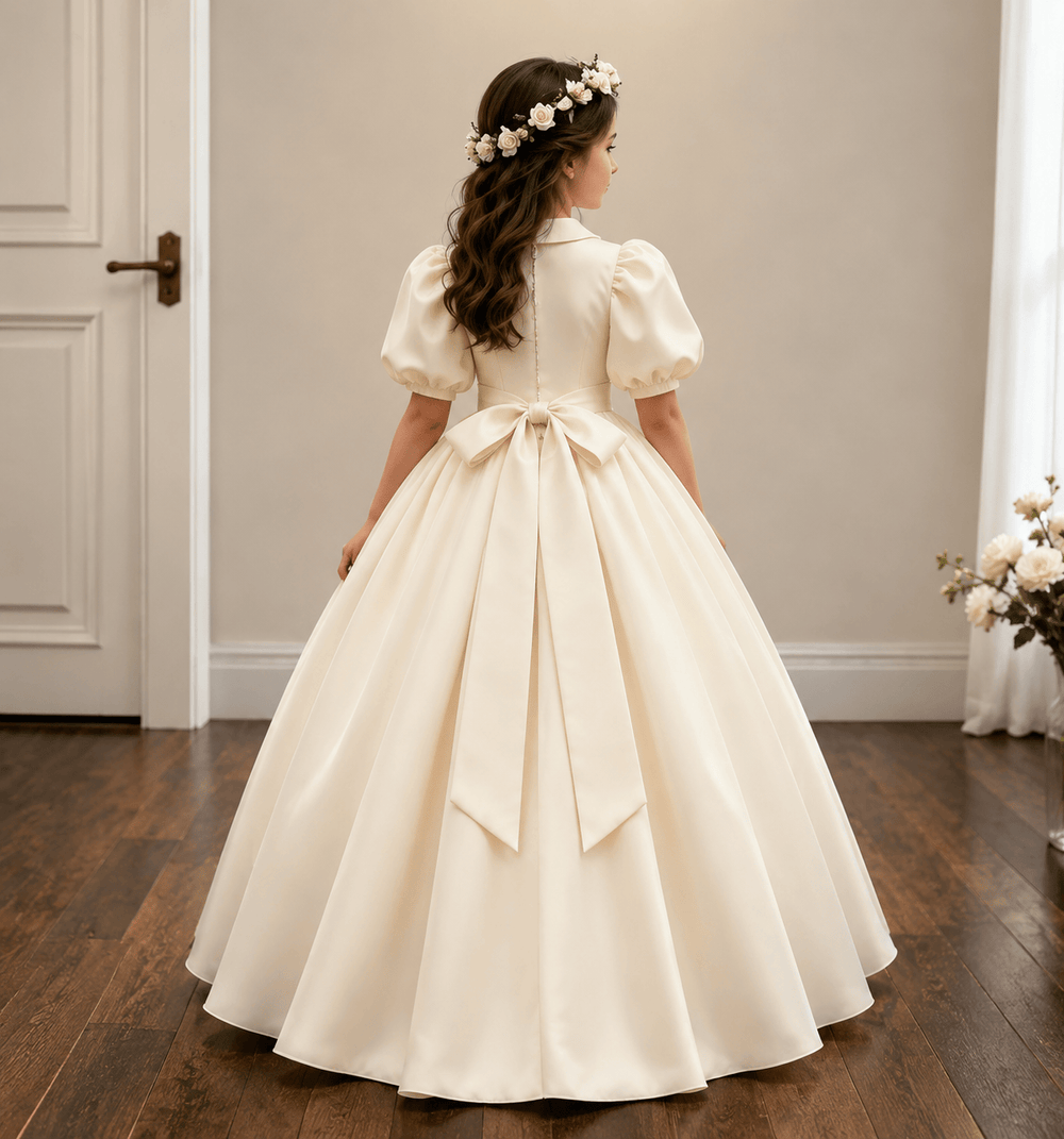 Sunnypetal Vintage Ivory Puff Sleeve Princess Flower Girl Dress for First Communion
