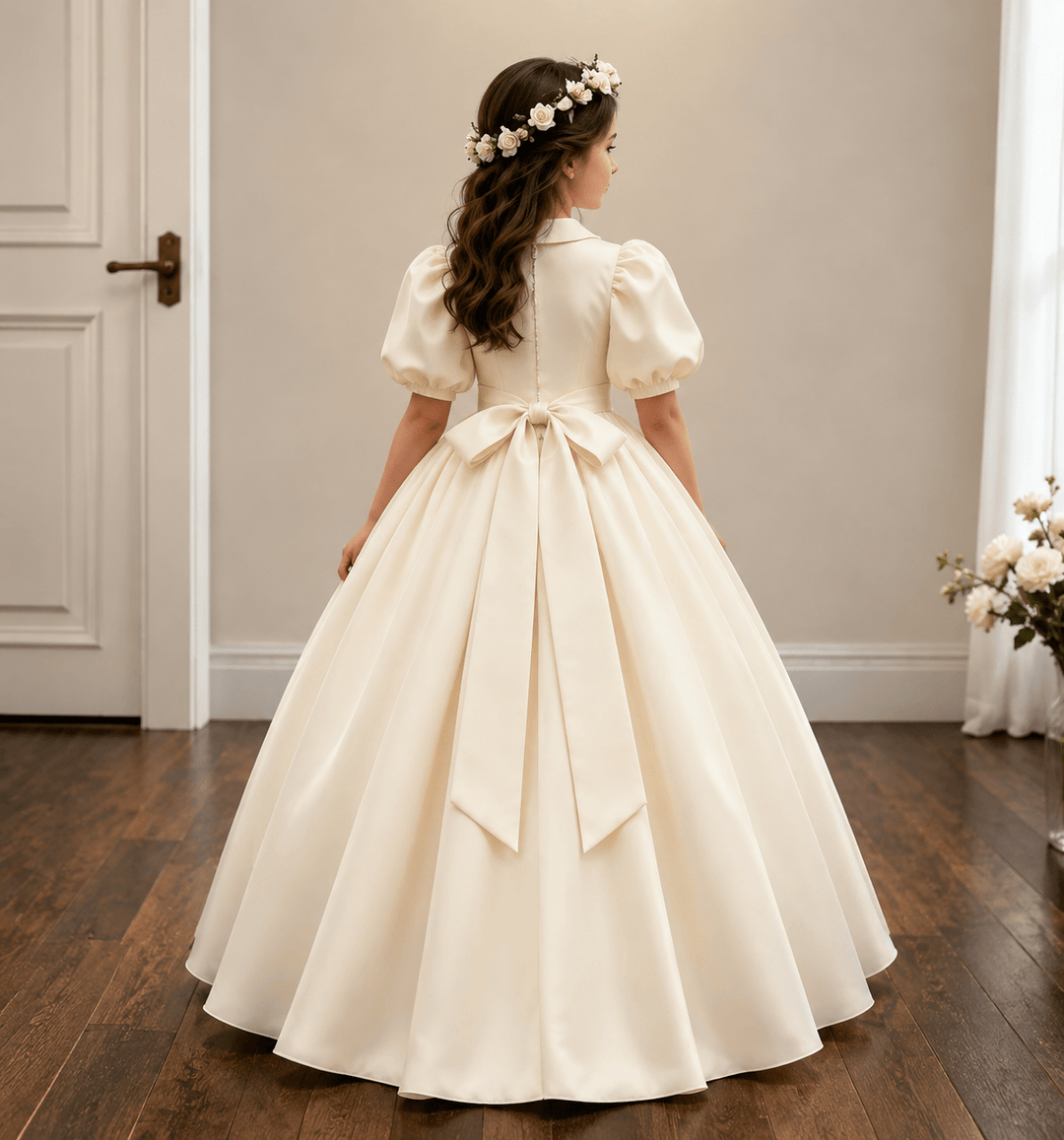Sunnypetal Vintage Ivory Puff Sleeve Princess Flower Girl Dress for First Communion