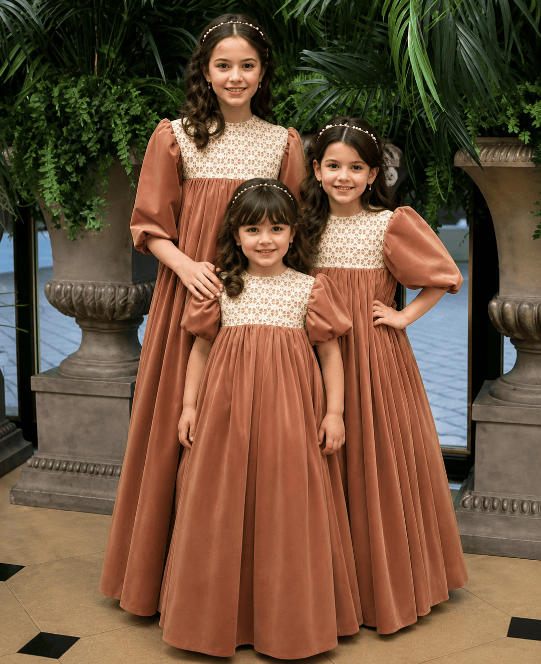 Sunnypetal Vintage Velvet Lace Puff Sleeve Flower Girl Dress Long Princess Gown