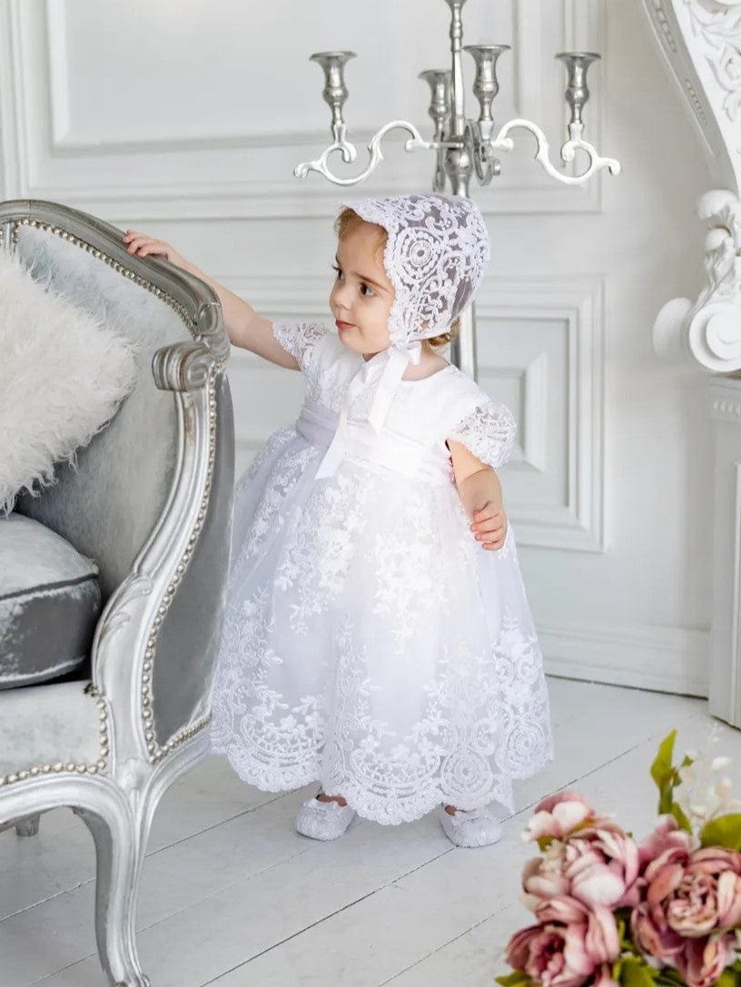 Sunnypetal White Baptism Dress Christening Gown for Baby Girls with Bow Belt