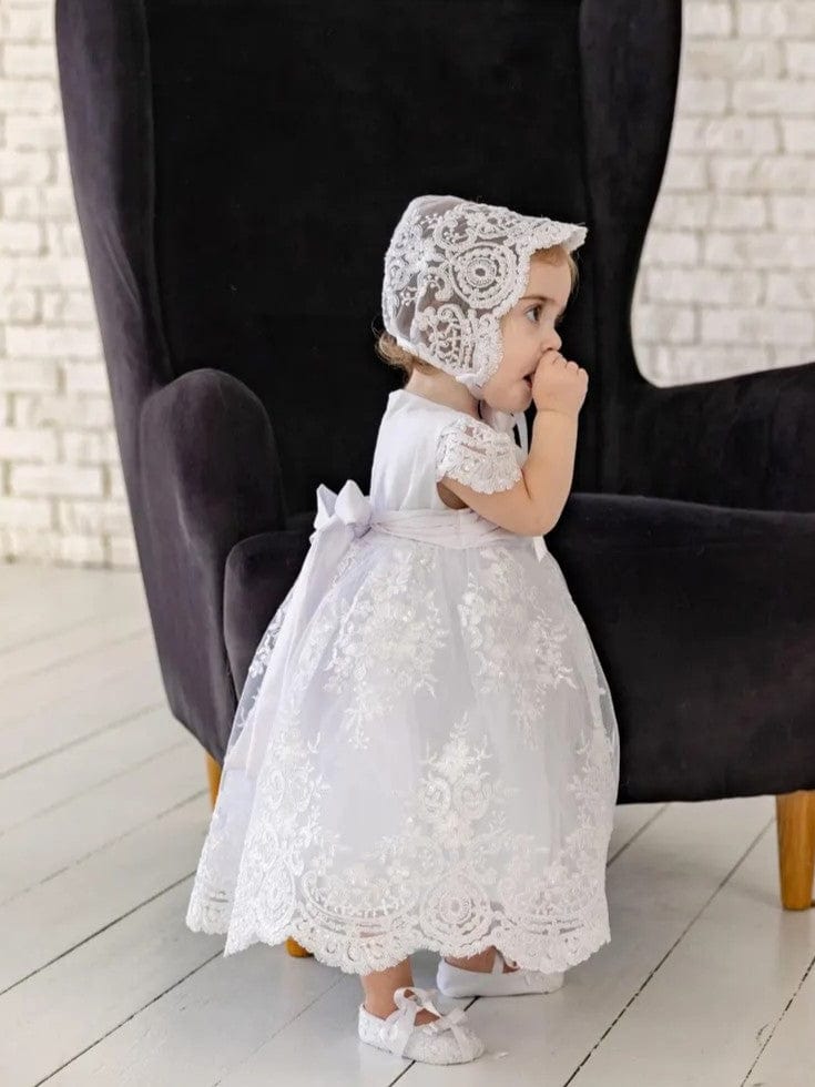 Sunnypetal White Baptism Dress Christening Gown for Baby Girls with Bow Belt