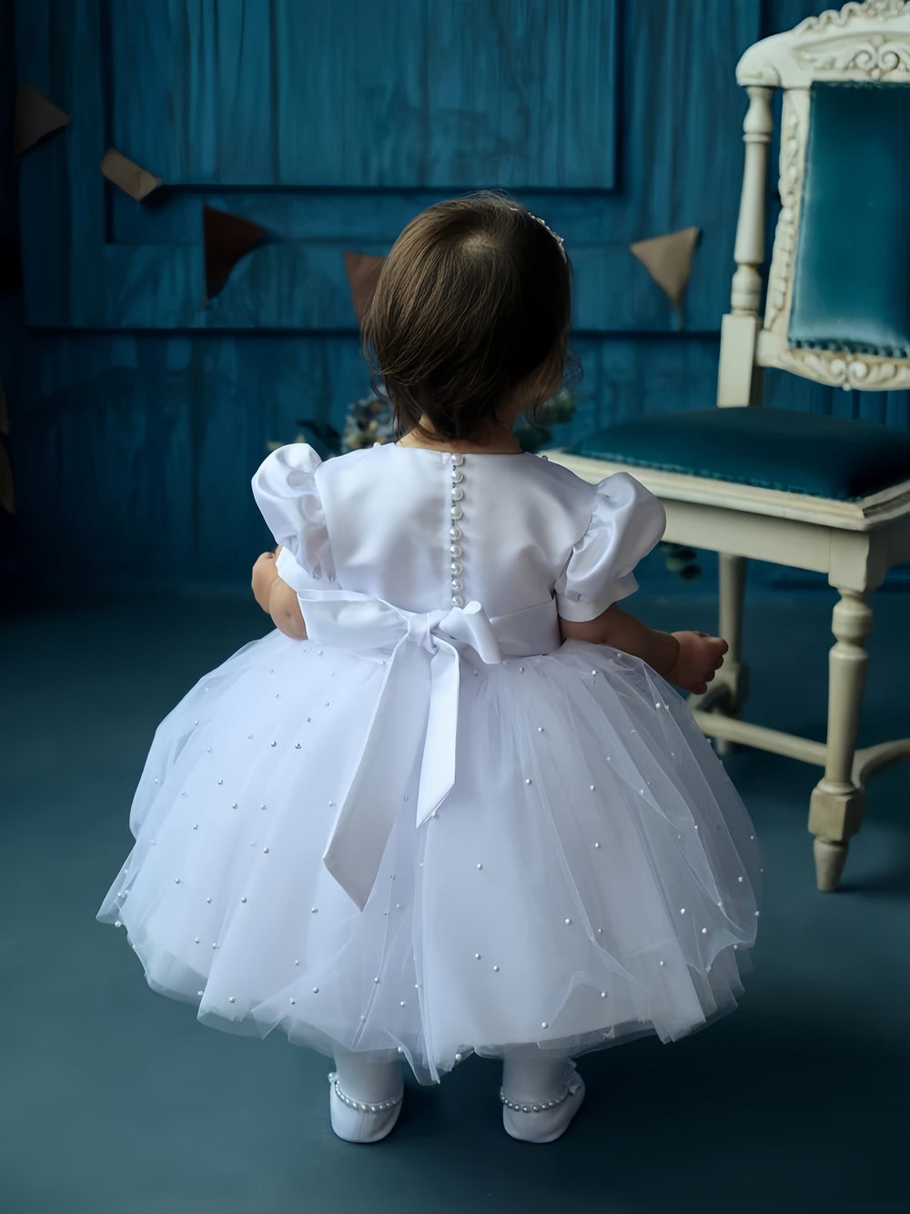 Sunnypetal White Baptism Dress for Toddler Girl with Pearls&Bow