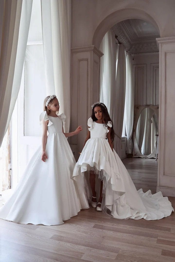 Sunnypetal White Deluxe Satin Dress Flared Sleeves A-Line Flower Girl Dresses with Train