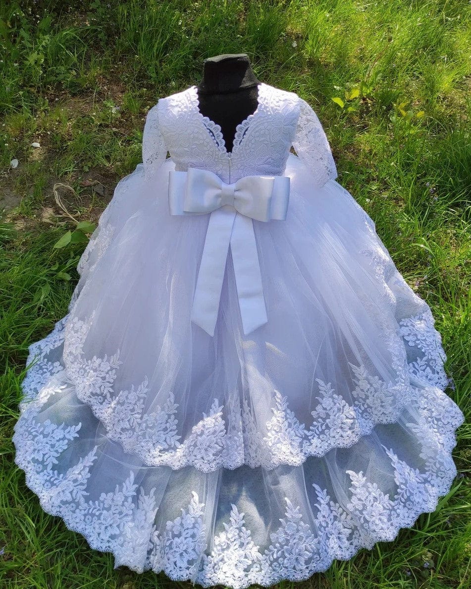 Sunnypetal White Half Sleeves Lace Appliques Toddler Baptism Dress Christening Gown