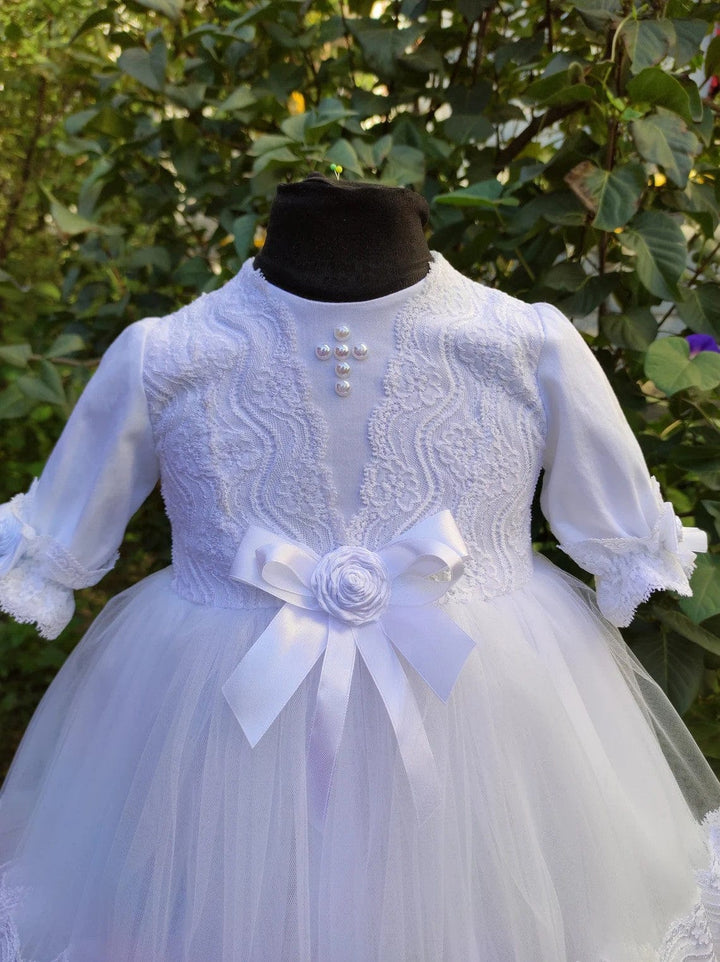 Sunnypetal White Half Sleeves Lace Baptism Dress for Baby Girl