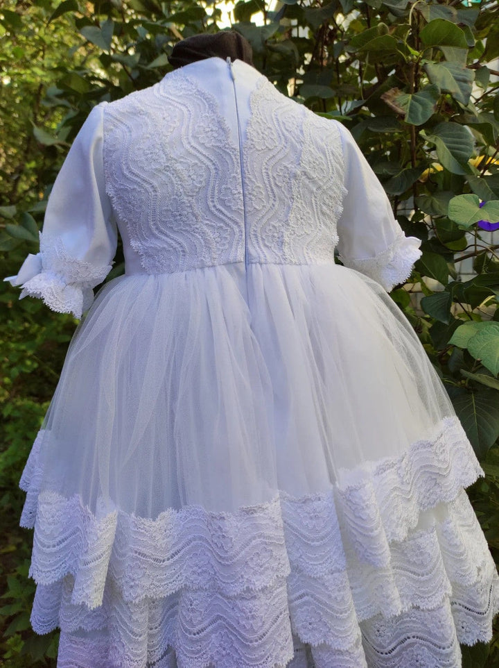 Sunnypetal White Half Sleeves Lace Baptism Dress for Baby Girl