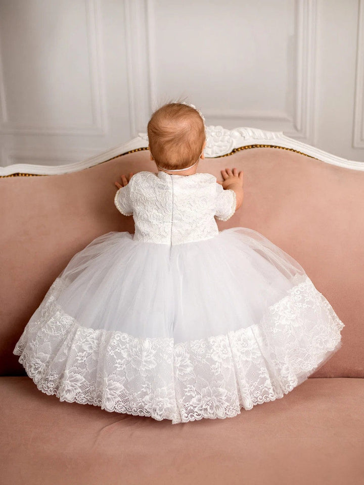 Sunnypetal White Half Sleeves Lace Floral Pearls Baptism Baby Girl Dress