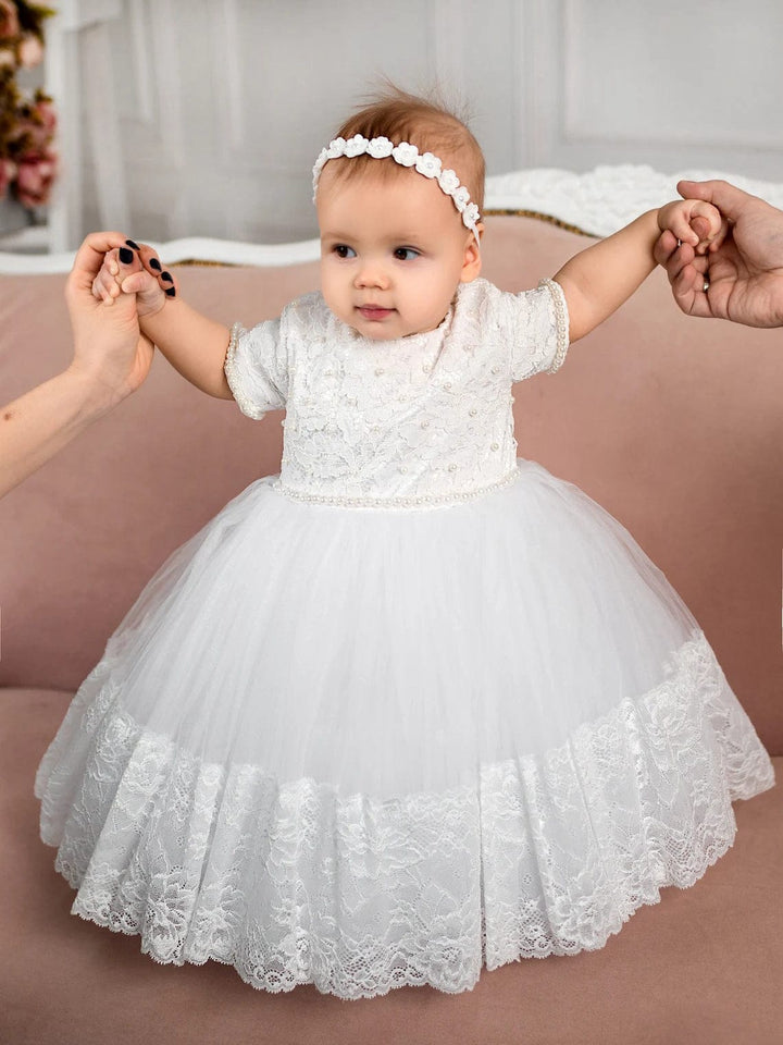 Sunnypetal White Half Sleeves Lace Floral Pearls Baptism Baby Girl Dress