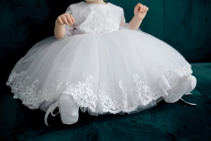 Sunnypetal White Half Sleeves Lace Floral Pearls Baptism Dress for Baby Girl