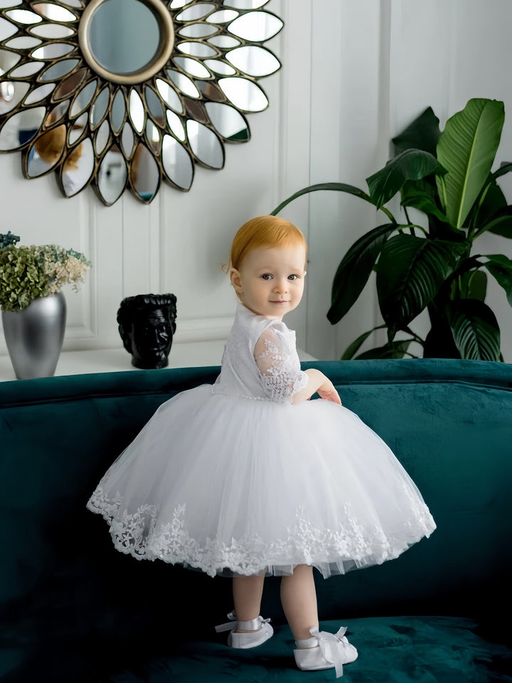 Sunnypetal White Half Sleeves Lace Floral Pearls Baptism Dress for Baby Girl