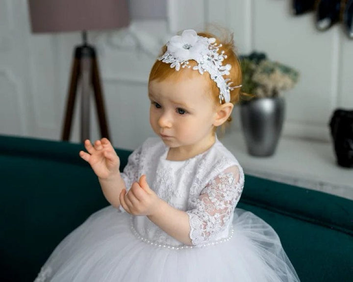Sunnypetal White Half Sleeves Lace Floral Pearls Baptism Dress for Baby Girl