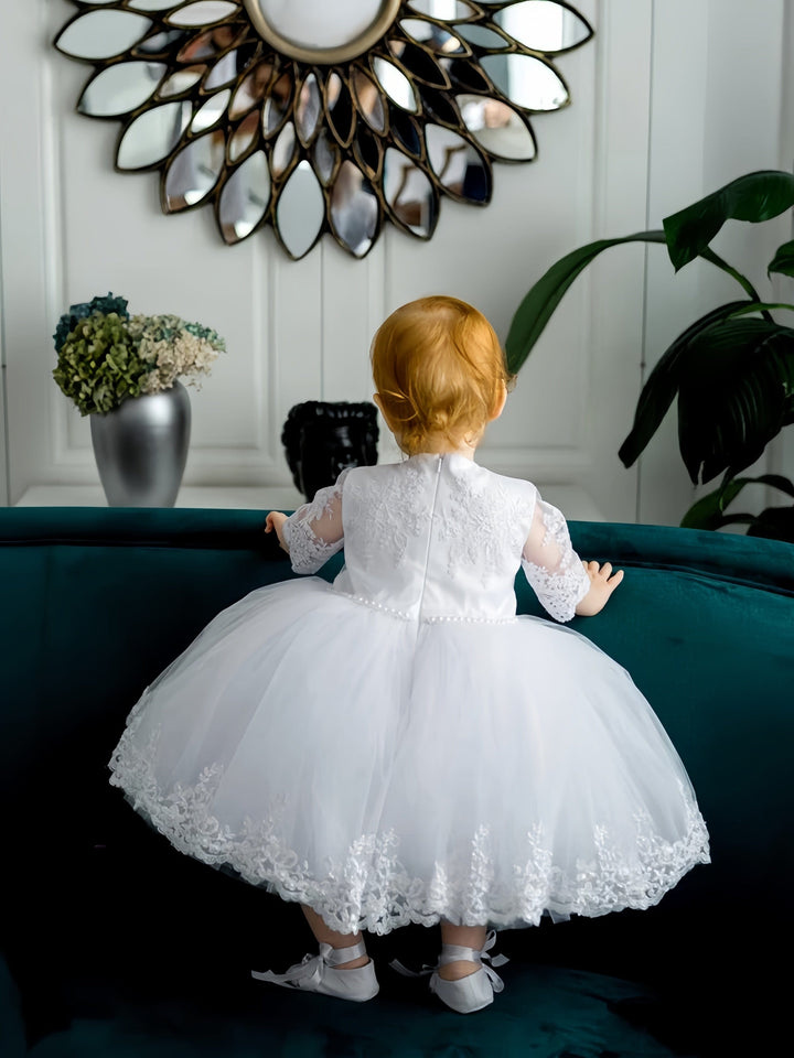 Sunnypetal White Half Sleeves Lace Floral Pearls Baptism Dress for Baby Girl