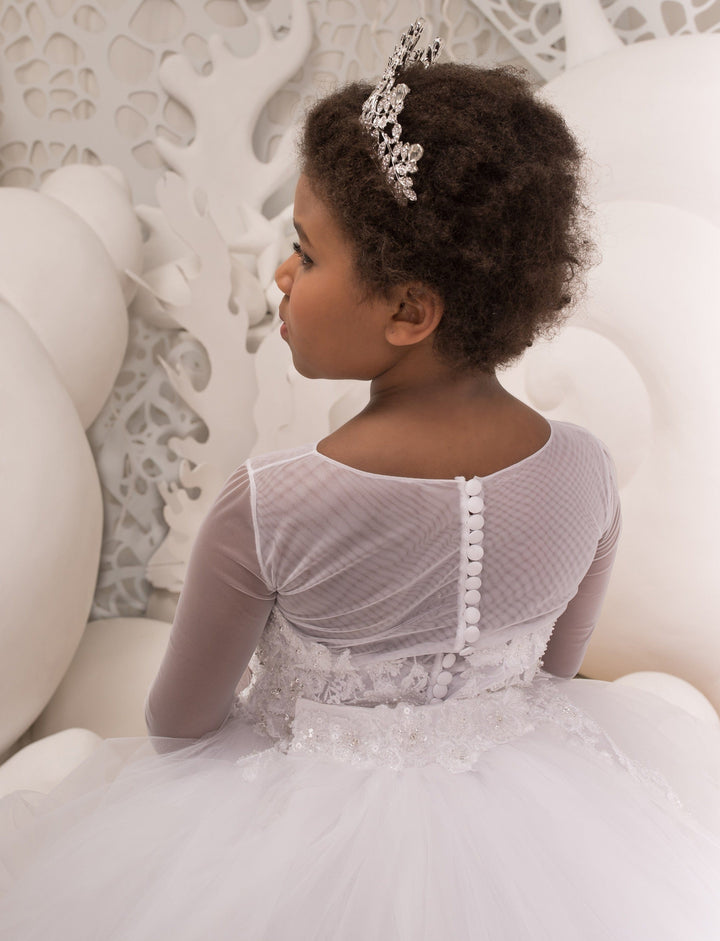 Sunnypetal White Lace Appliqué Tulle Ball Gown Flower Girl &amp; First Communion Dress
