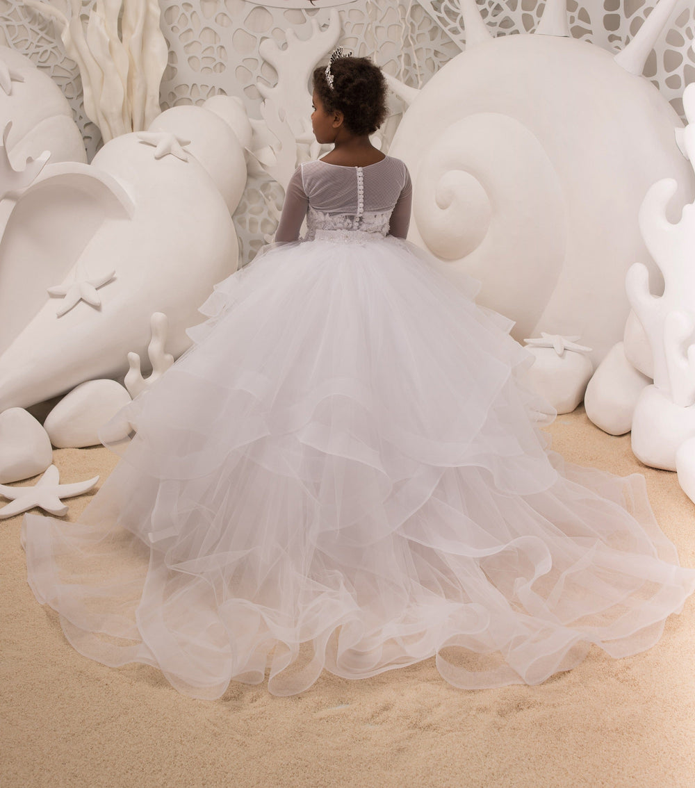 Sunnypetal White Lace Appliqué Tulle Ball Gown Flower Girl & First Communion Dress
