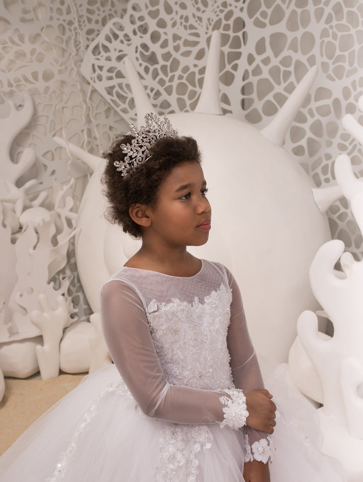Sunnypetal White Lace Appliqué Tulle Ball Gown Flower Girl &amp; First Communion Dress