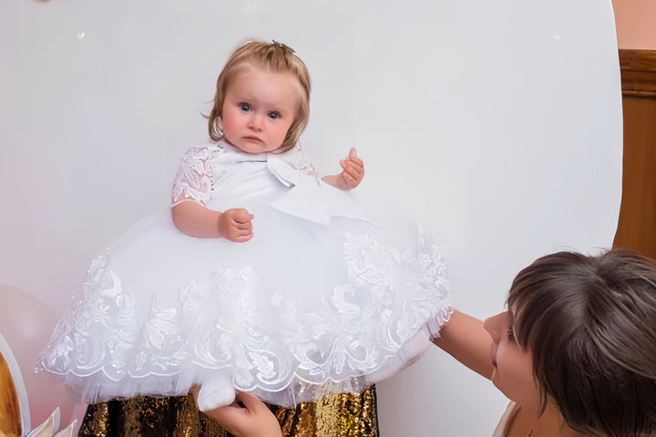 Sunnypetal White Lace Baby Girl Baptism Dress with Satin Bow