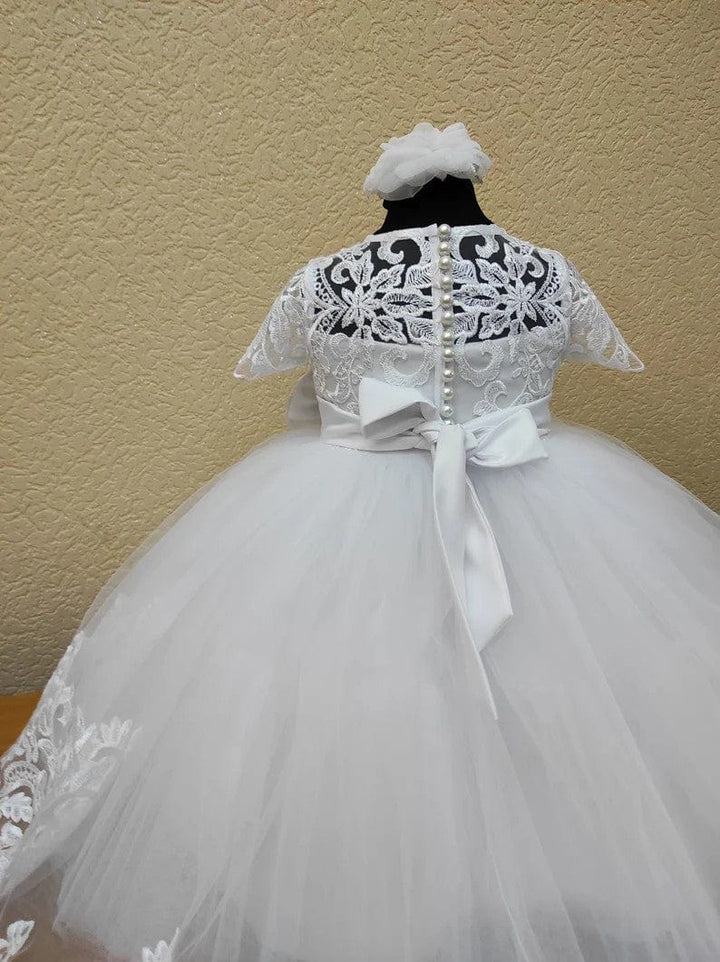 Sunnypetal White Lace Baby Girl Baptism Dress with Satin Bow