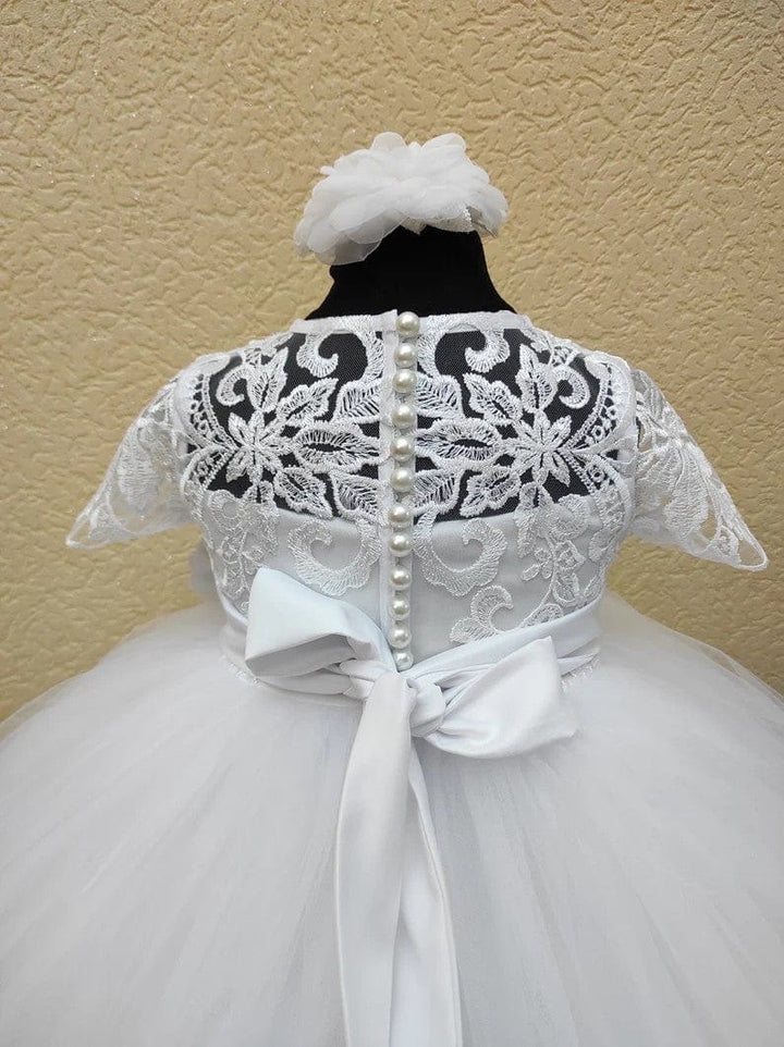 Sunnypetal White Lace Baby Girl Baptism Dress with Satin Bow