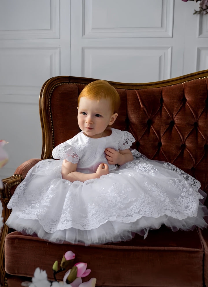 Sunnypetal White Lace Baptism Dress for Baby Girl – Elegant Christening Gown