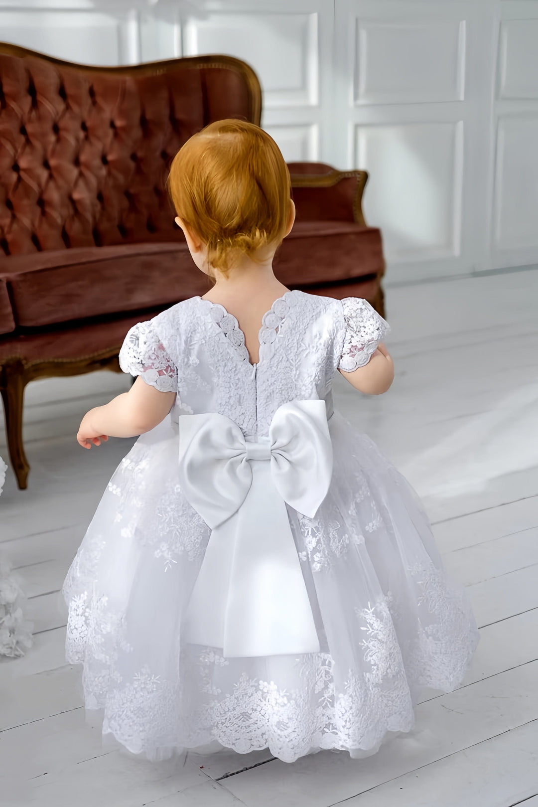 Sunnypetal White Lace Baptism Dress for Baby Girl – Elegant Christening Gown