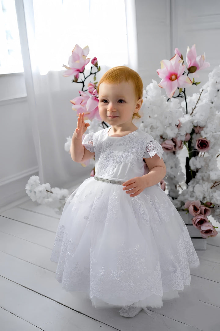 Sunnypetal White Lace Baptism Dress for Baby Girl – Elegant Christening Gown