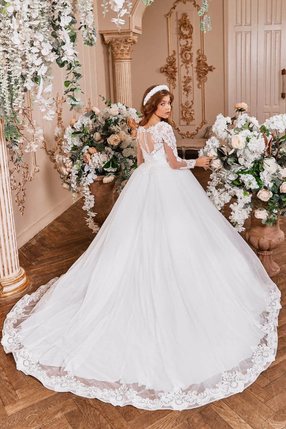 Sunnypetal White Lace Long Sleeve First Communion Dress with Pearls and Rhinestones